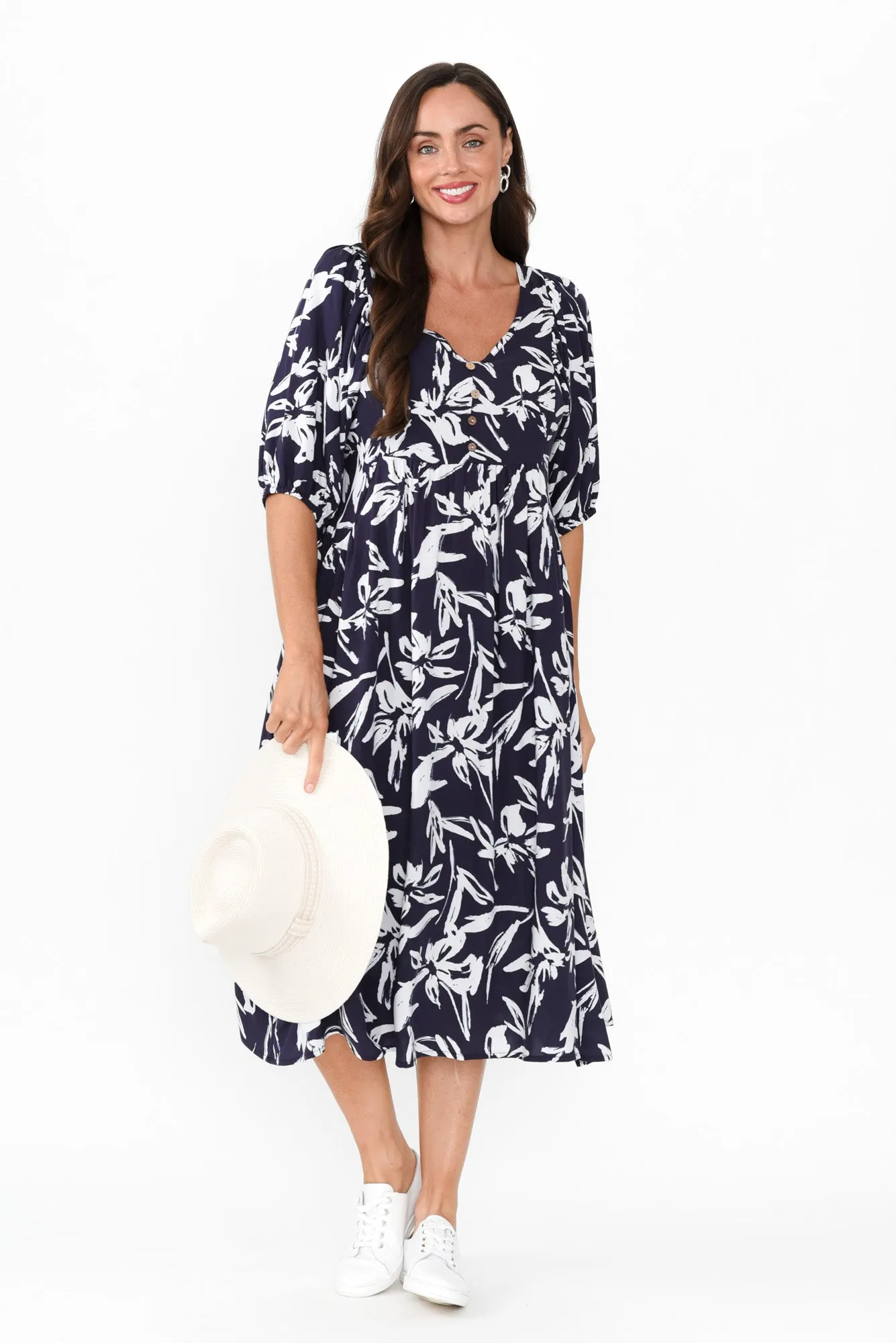 Kacey Navy Floral Button Dress sold by Blue Bungalow