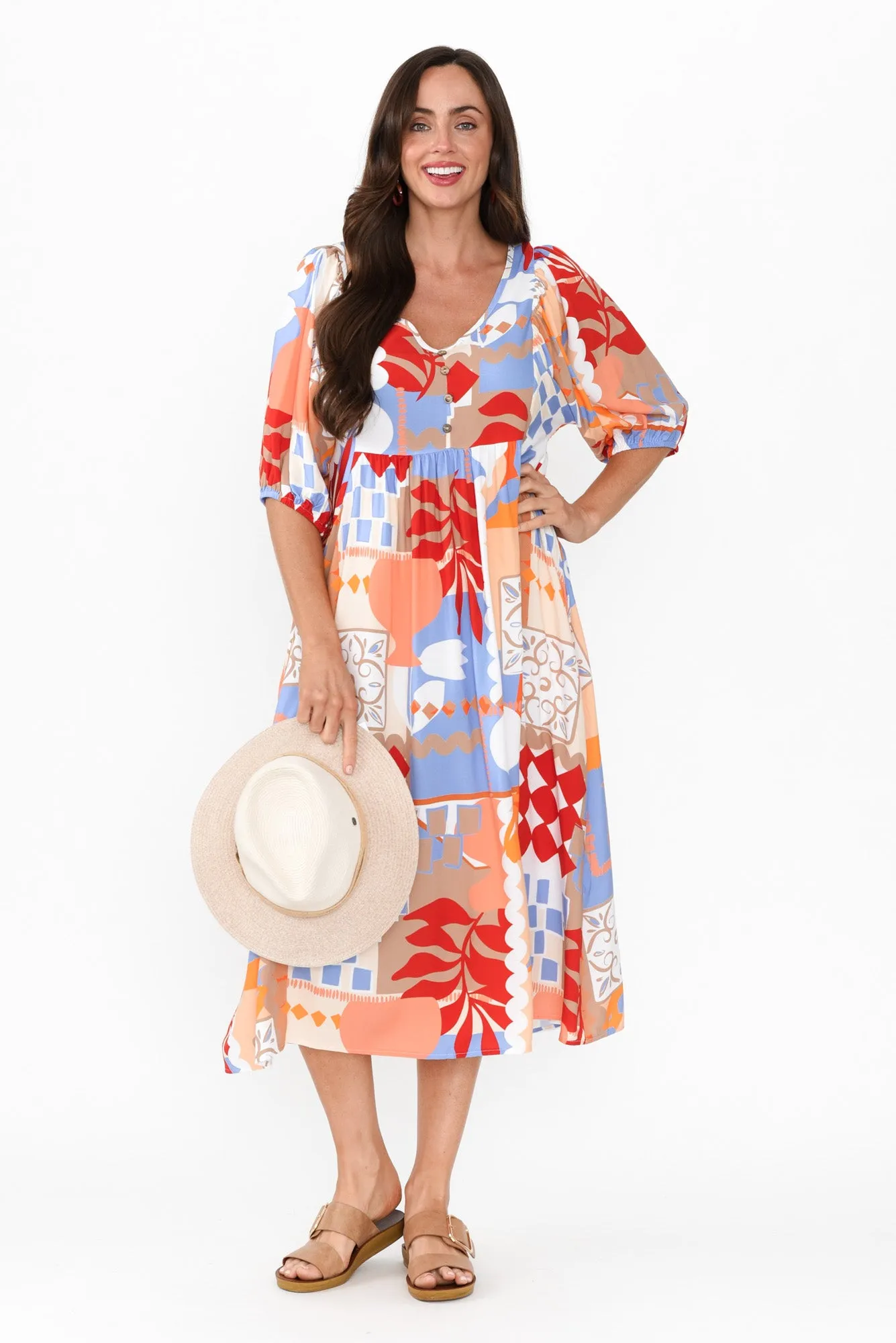 Kacey Orange Mosaic Button Dress sold by Blue Bungalow