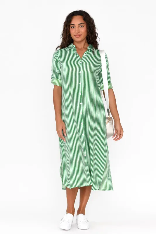 Vivien Green Stripe Cotton Blend Shirt Dress sold by Blue Bungalow