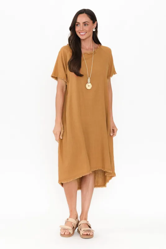 Humphrey Mustard Cotton Linen Frayed Dress sold by Blue Bungalow