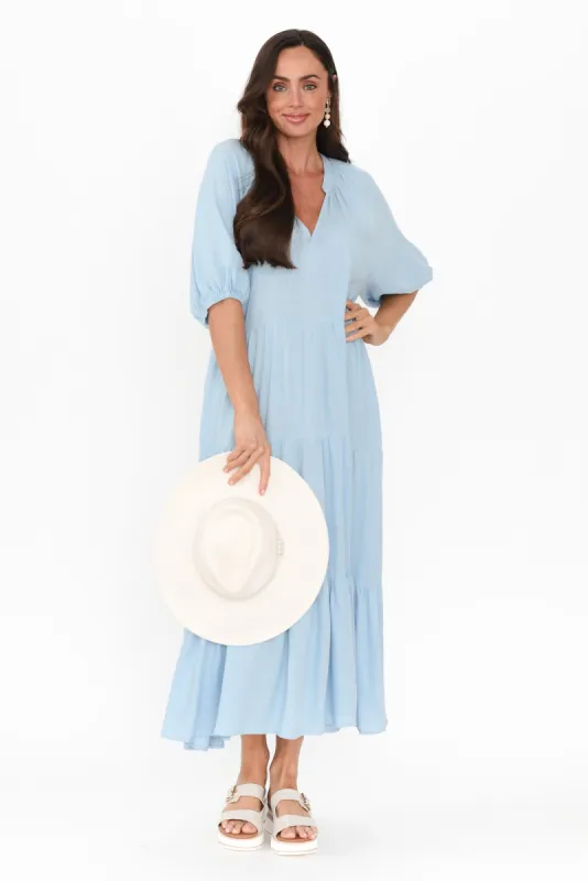 Imogene Light Blue Cotton Linen Tiered Dress sold by Blue Bungalow