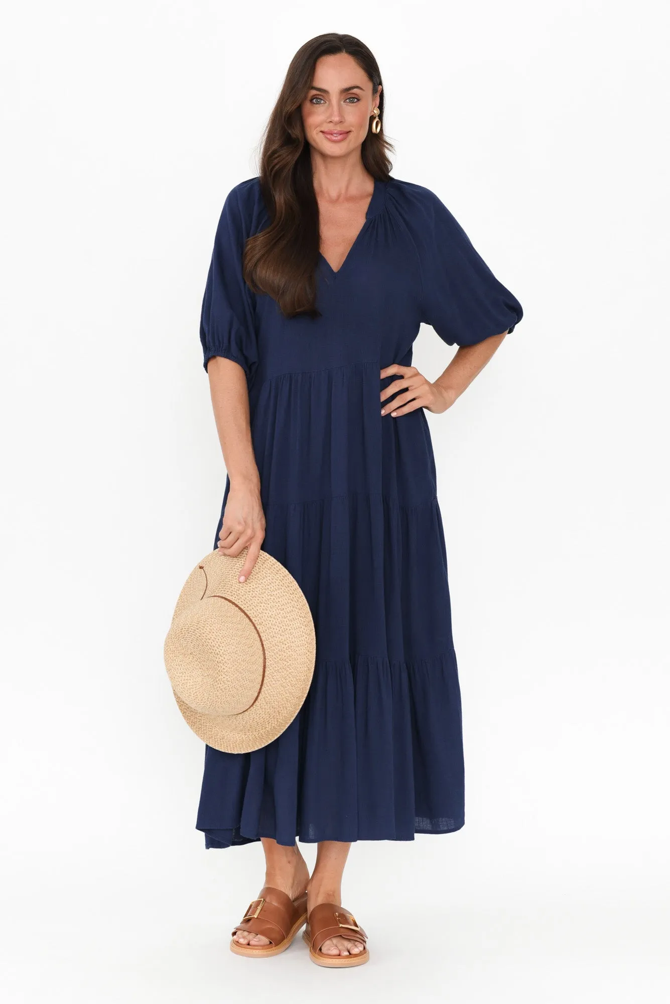 Imogene Navy Cotton Linen Tiered Dress sold by Blue Bungalow