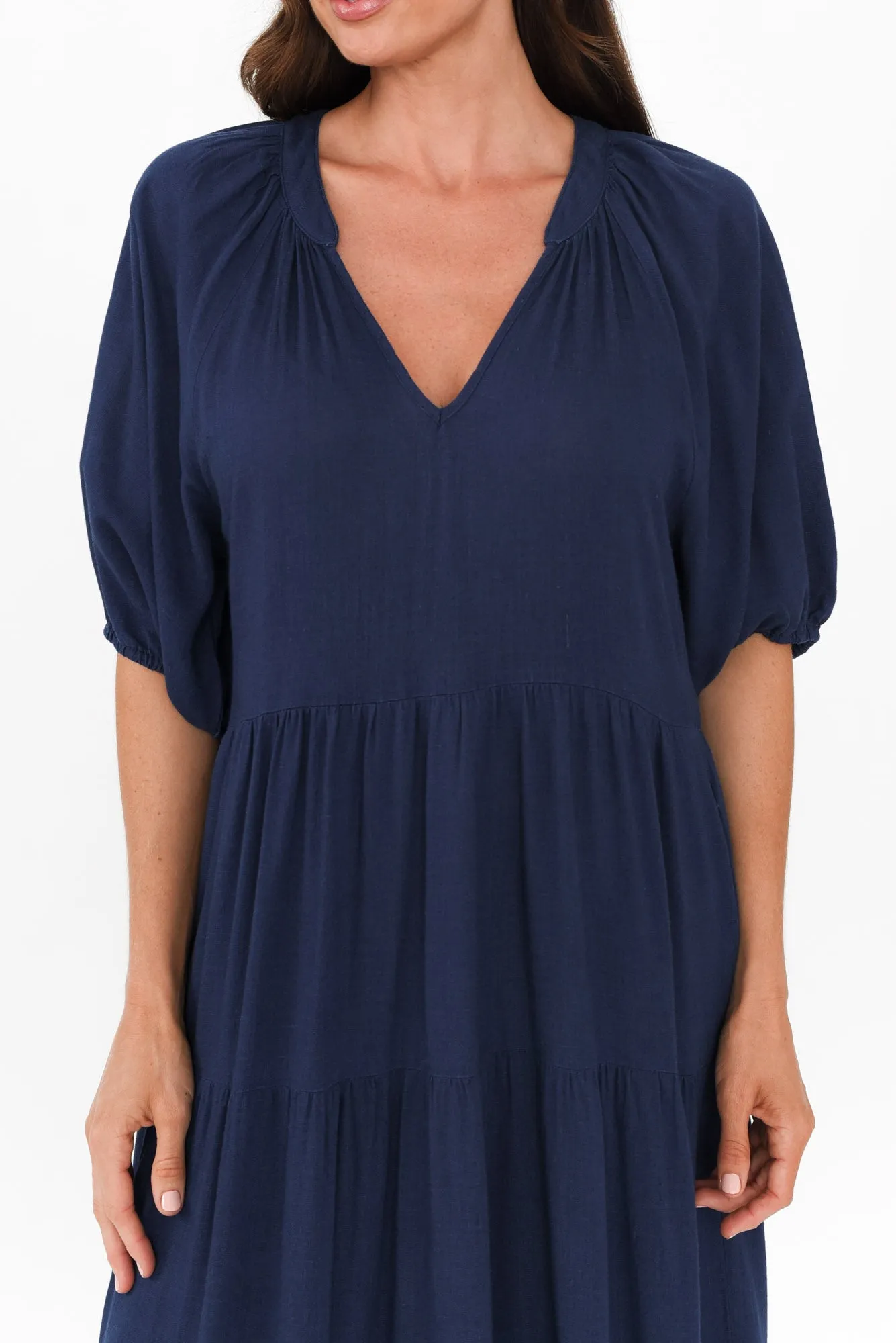 Imogene Navy Cotton Linen Tiered Dress sold by Blue Bungalow product image thumbnail 5