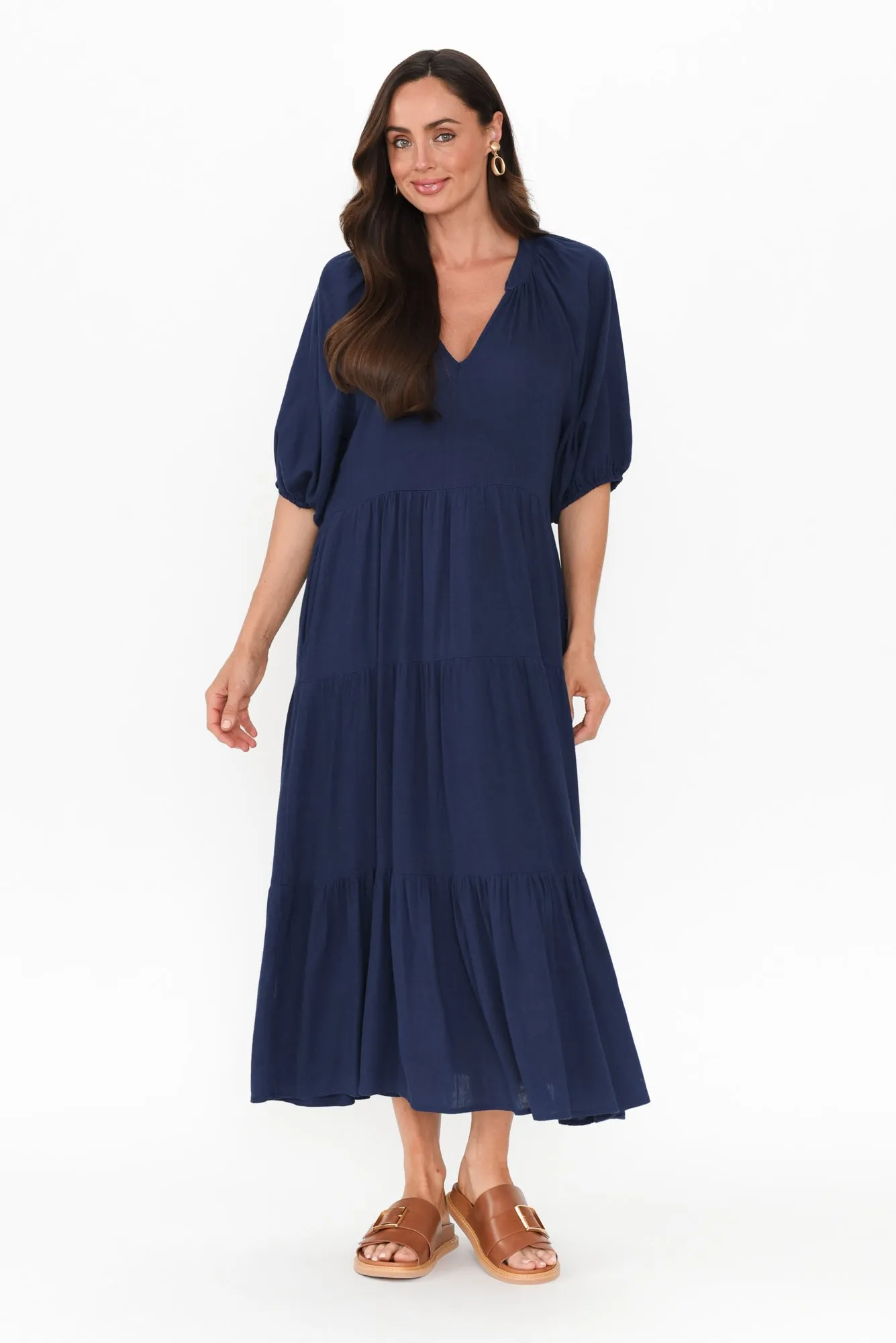 Imogene Navy Cotton Linen Tiered Dress sold by Blue Bungalow product image thumbnail 2
