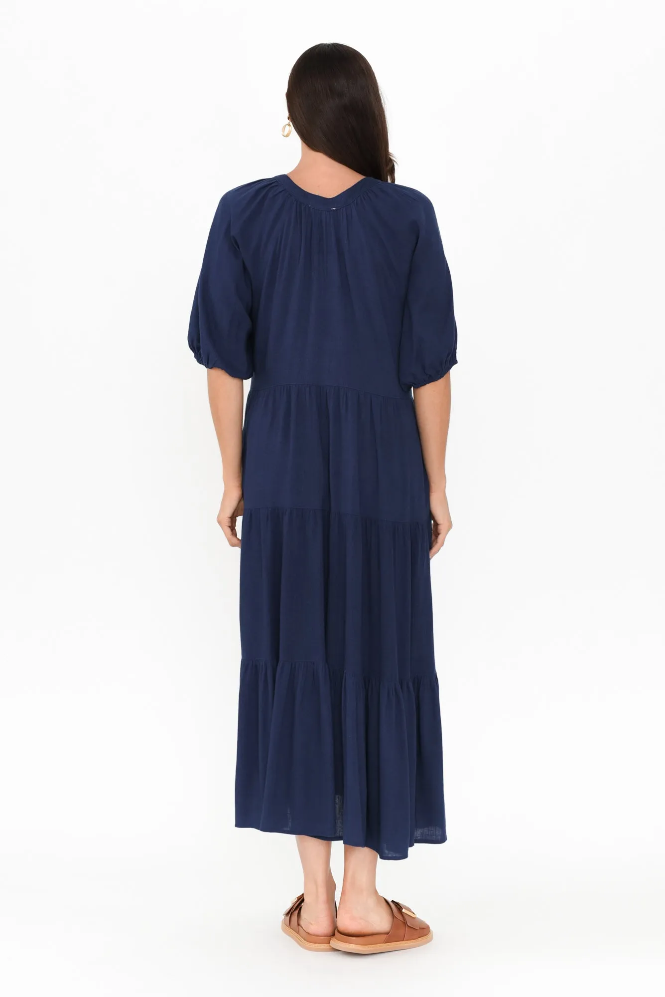 Imogene Navy Cotton Linen Tiered Dress sold by Blue Bungalow product image thumbnail 4