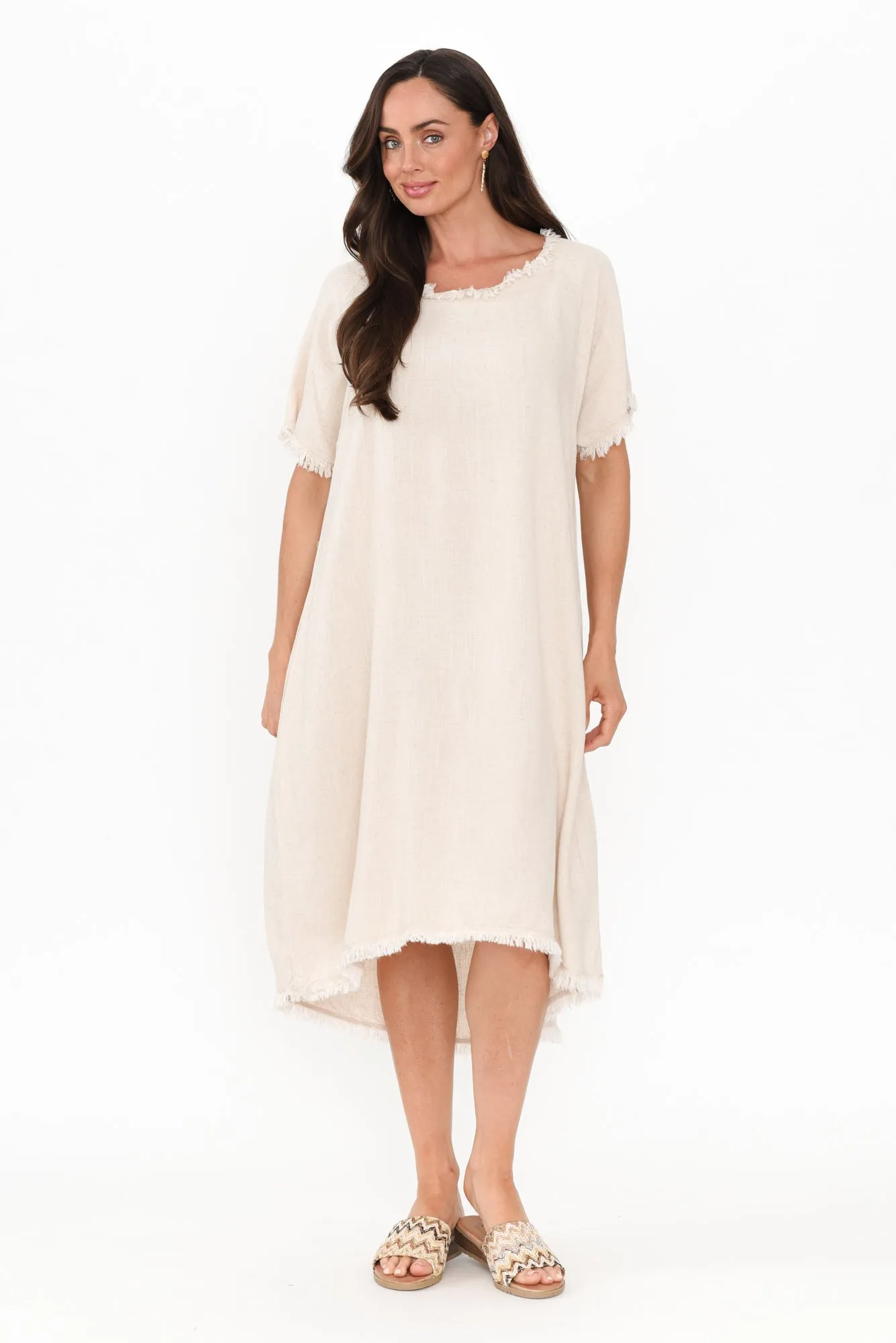 Humphrey Beige Cotton Linen Frayed Dress sold by Blue Bungalow product image thumbnail 2