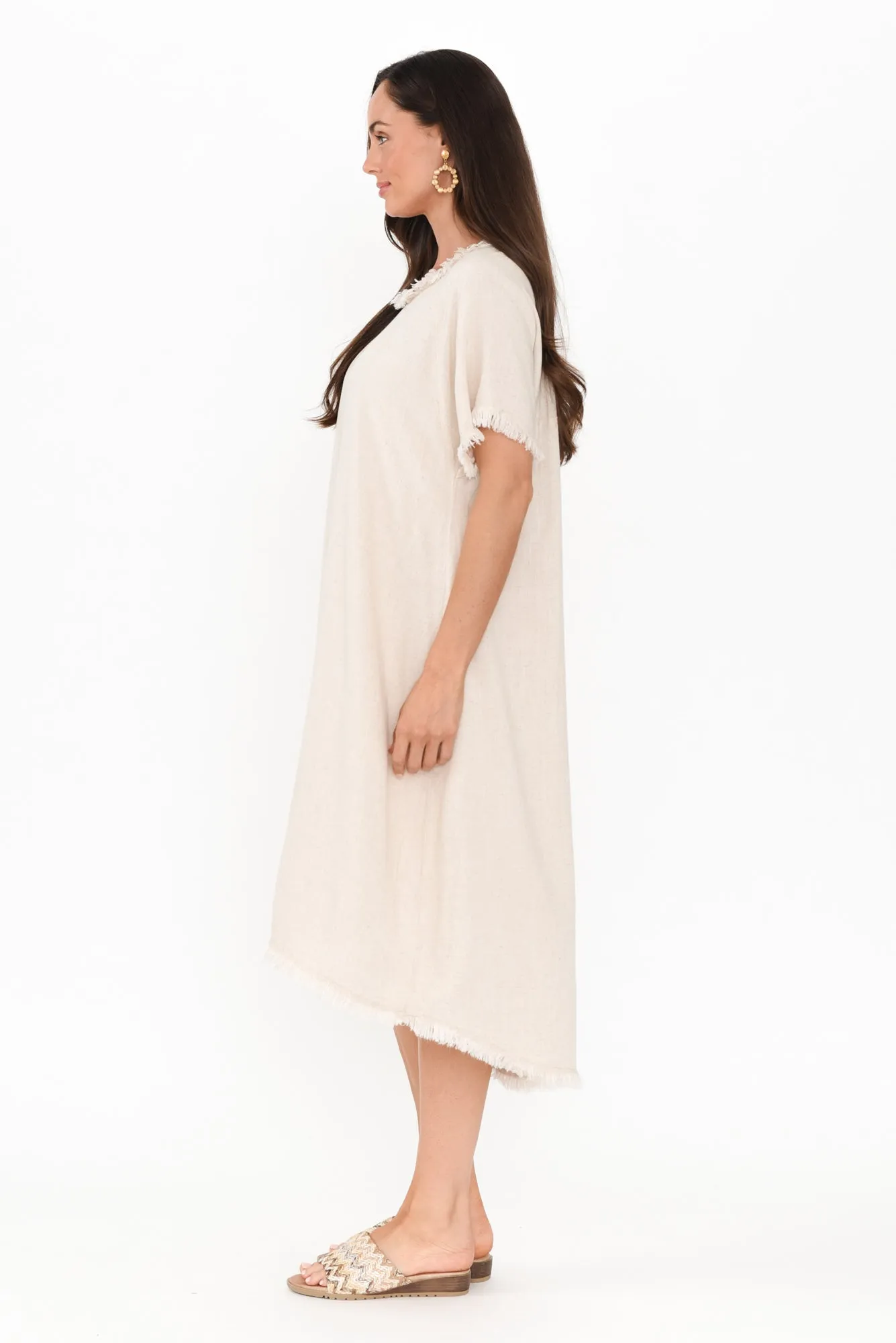 Humphrey Beige Cotton Linen Frayed Dress sold by Blue Bungalow product image thumbnail 3