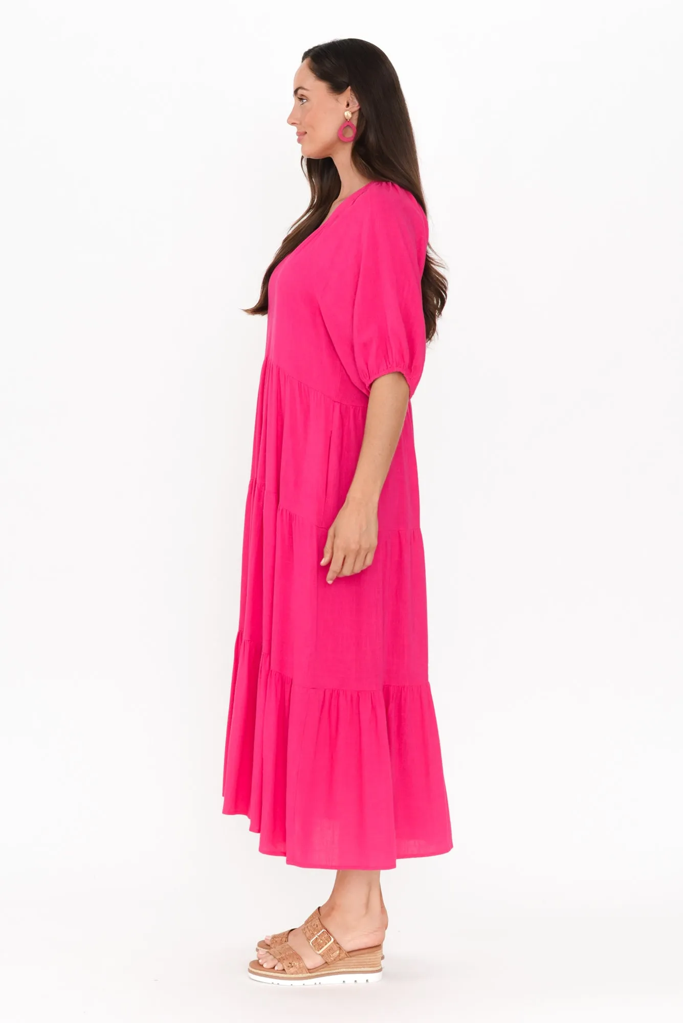Imogene Hot Pink Cotton Linen Tiered Dress sold by Blue Bungalow product image thumbnail 3