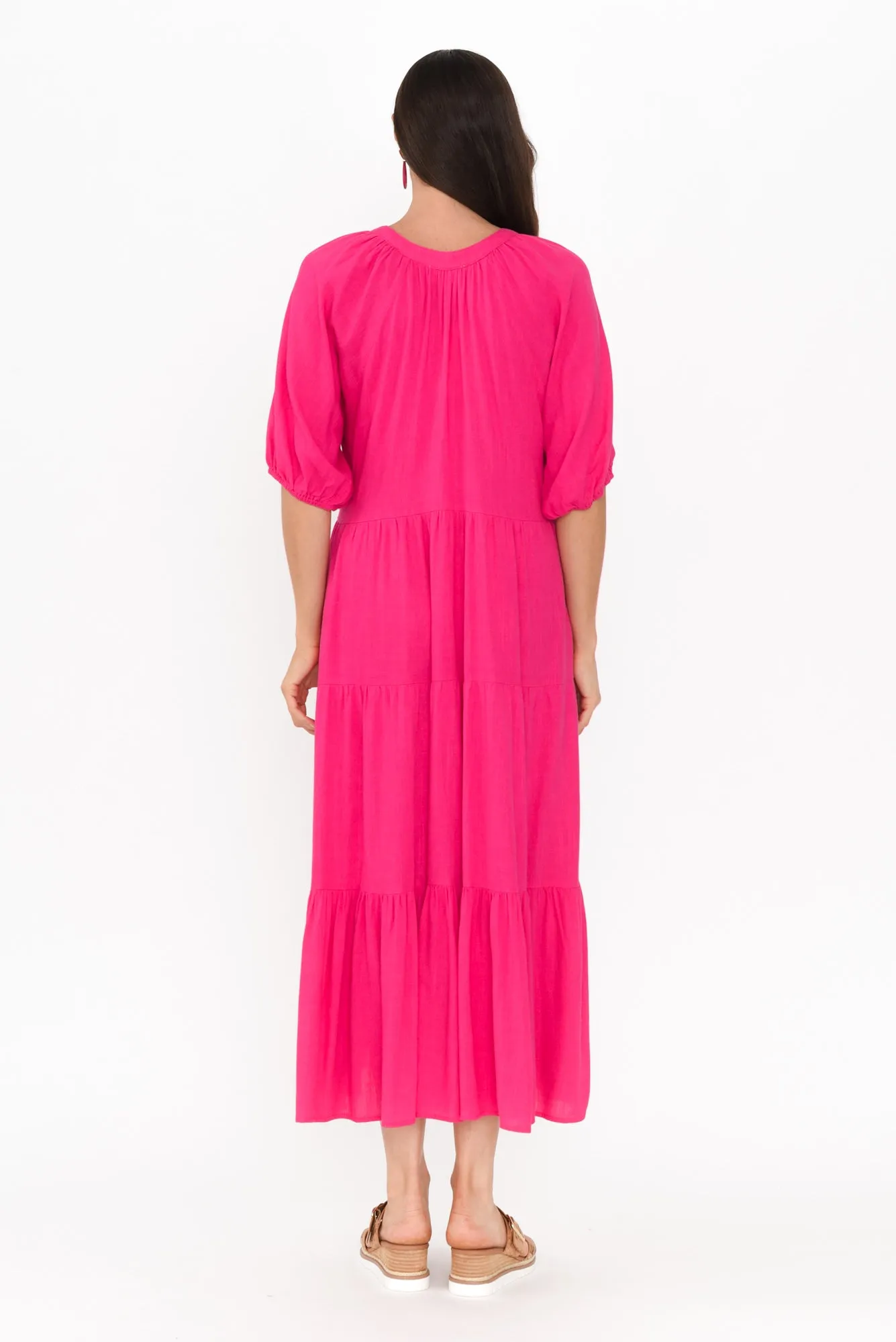 Imogene Hot Pink Cotton Linen Tiered Dress sold by Blue Bungalow product image thumbnail 4