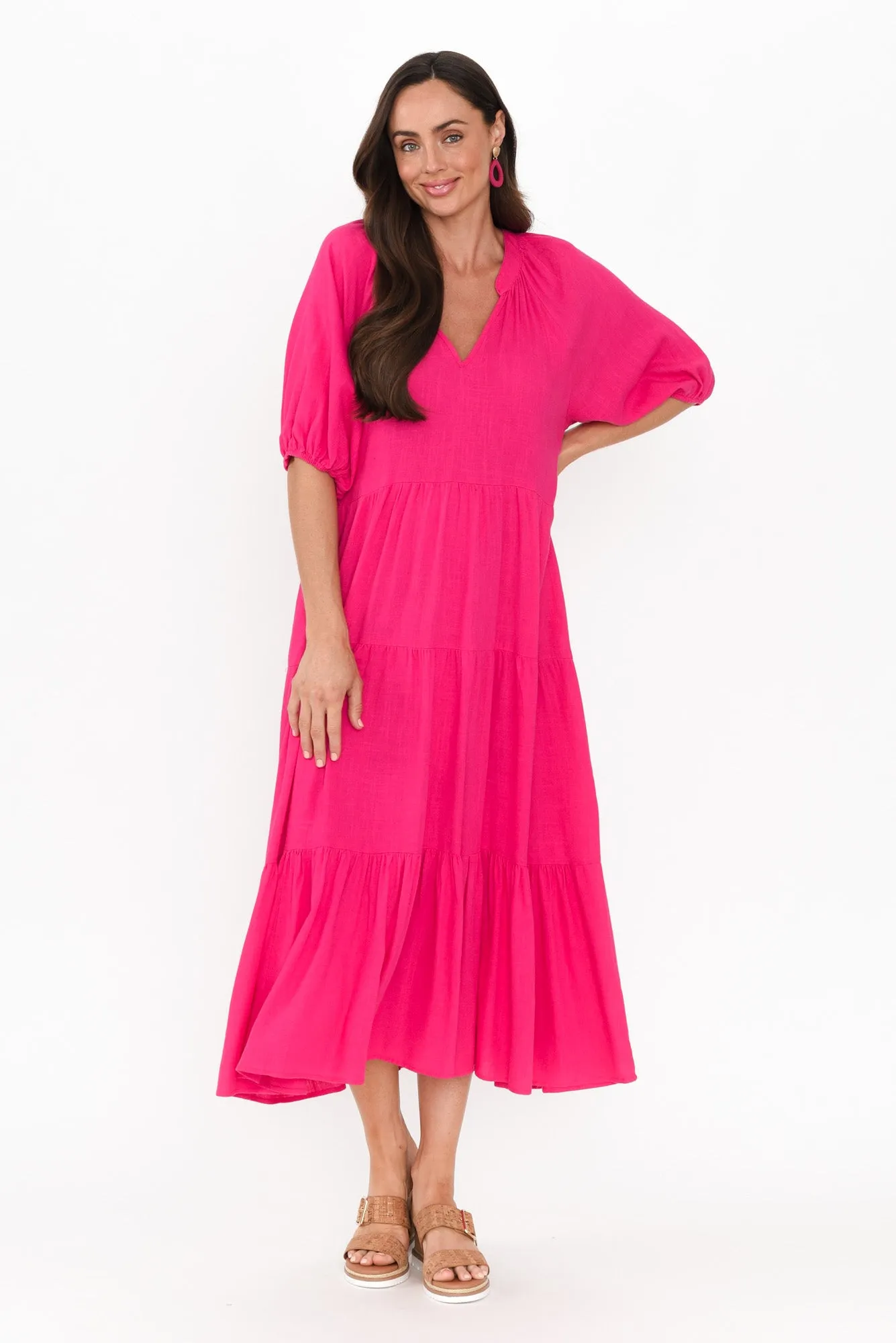 Imogene Hot Pink Cotton Linen Tiered Dress sold by Blue Bungalow product image thumbnail 2