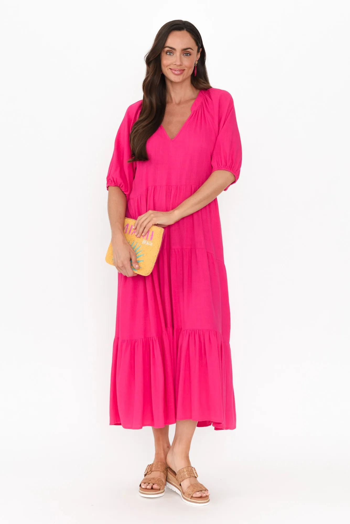 Imogene Hot Pink Cotton Linen Tiered Dress sold by Blue Bungalow