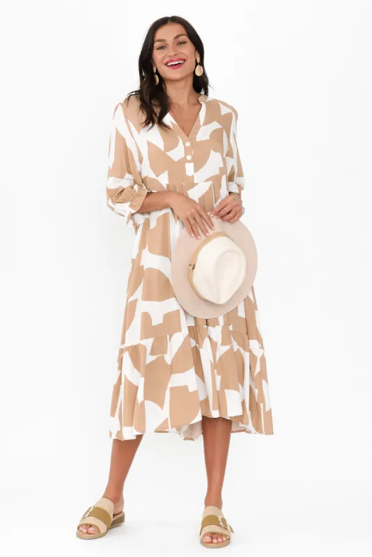 Leela Beige Abstract Sleeved Dress sold by Blue Bungalow