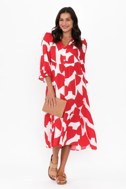 Leela Red Abstract Sleeved Dress sold by Blue Bungalow
