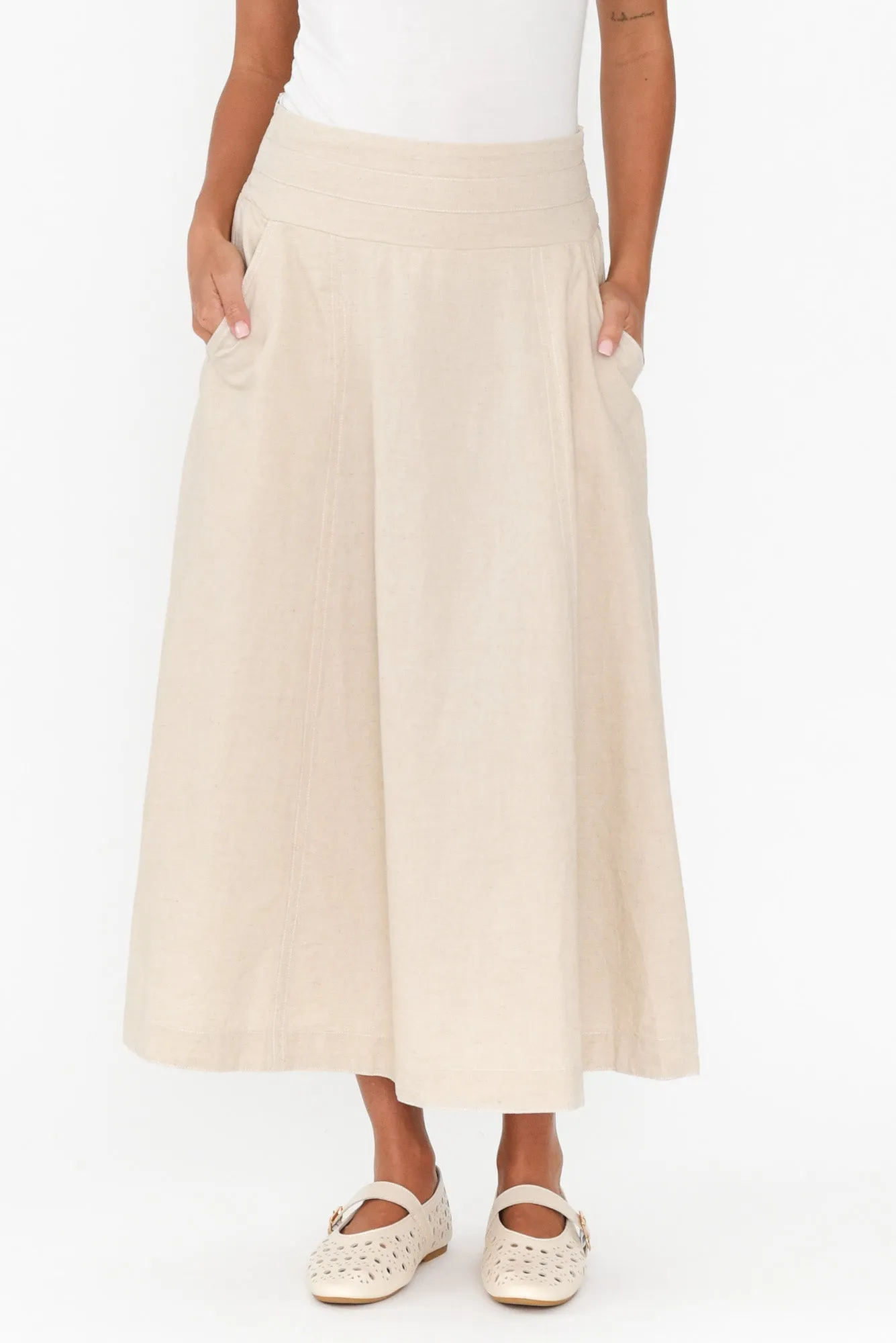 Derine Beige Linen Midi Skirt sold by Blue Bungalow