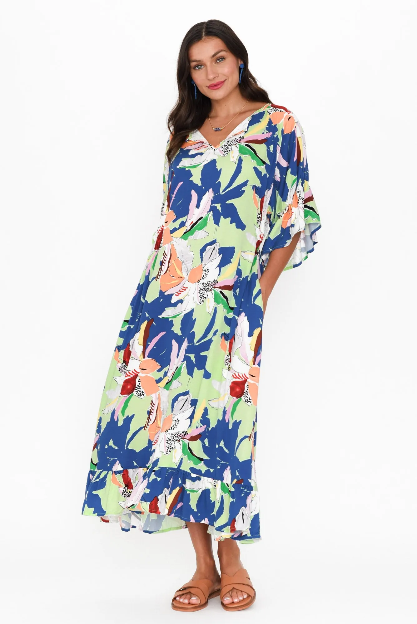 Leslie Blue Floral Frill Dress sold by Blue Bungalow