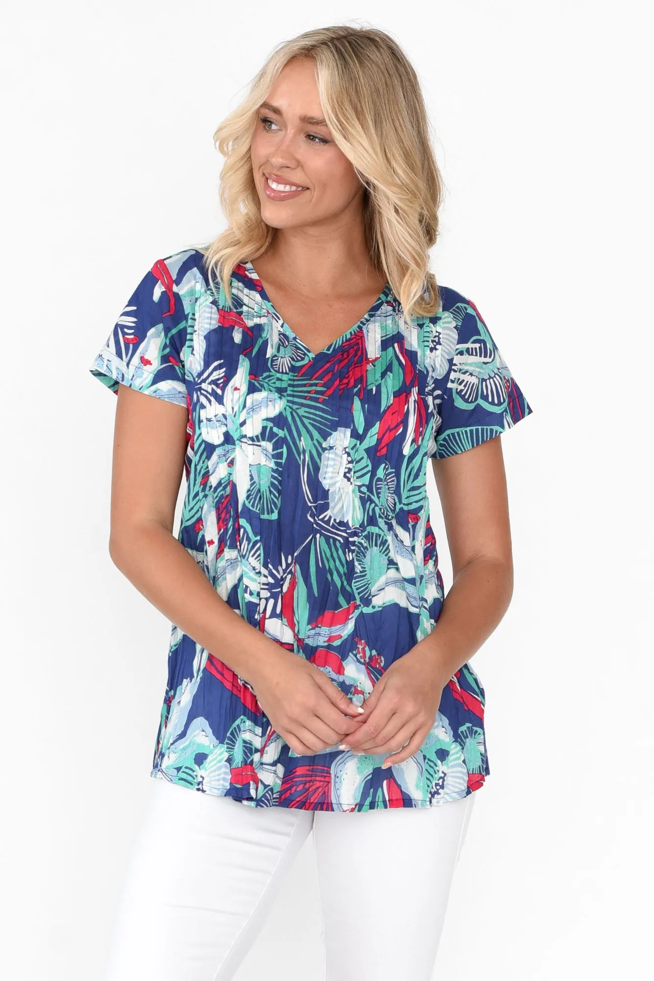 Fia Navy Jungle Crinkle Cotton Top sold by Blue Bungalow