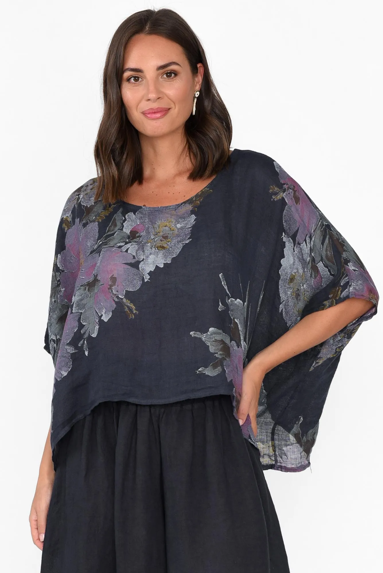 Turner Navy Floral Linen Scoop Neck Top sold by Blue Bungalow