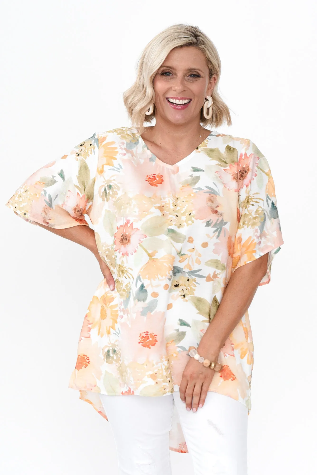 Marian White Floral Linen Blend Top sold by Blue Bungalow