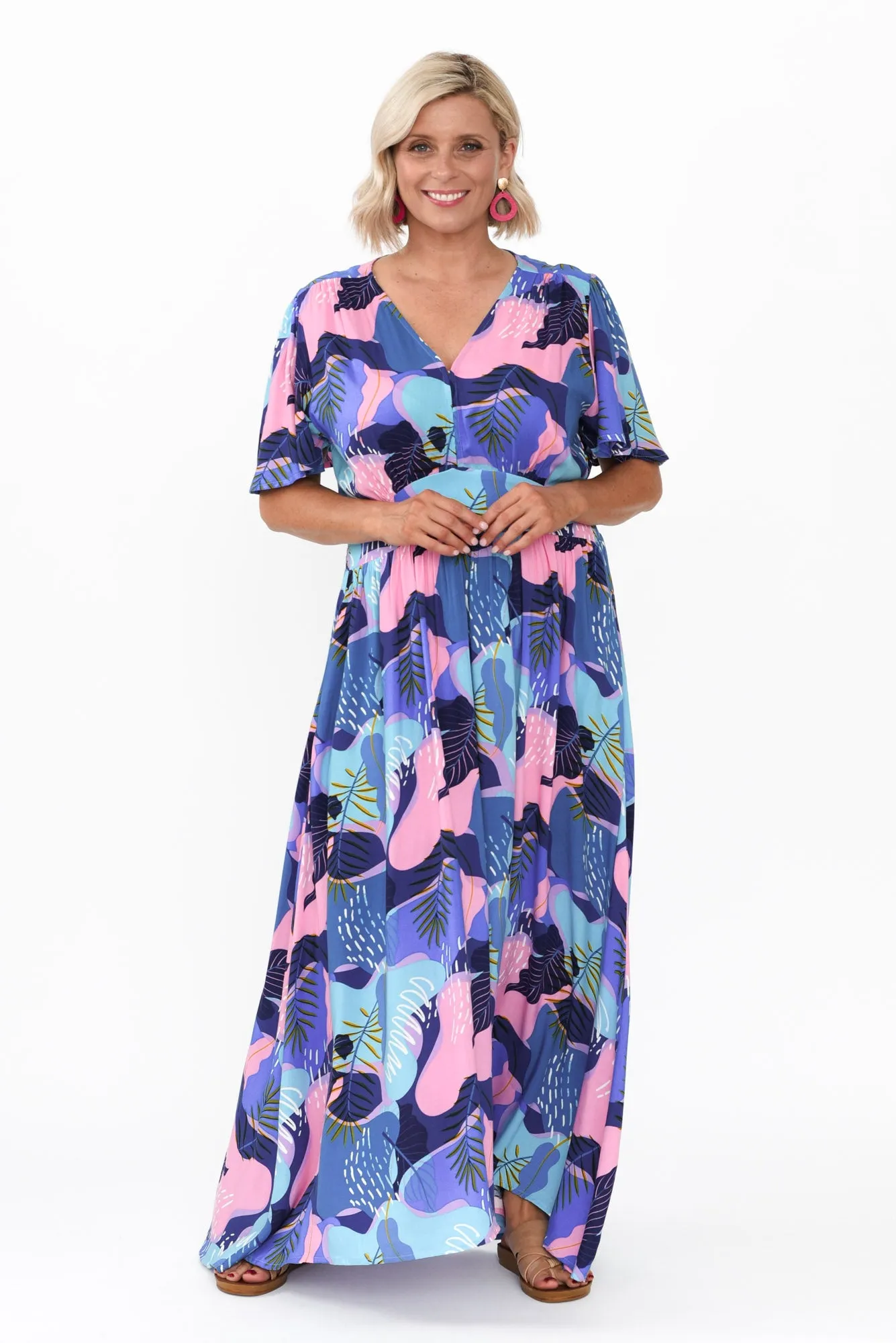 Ora Blue Abstract Flutter Sleeve Dress sold by Blue Bungalow product image thumbnail 2