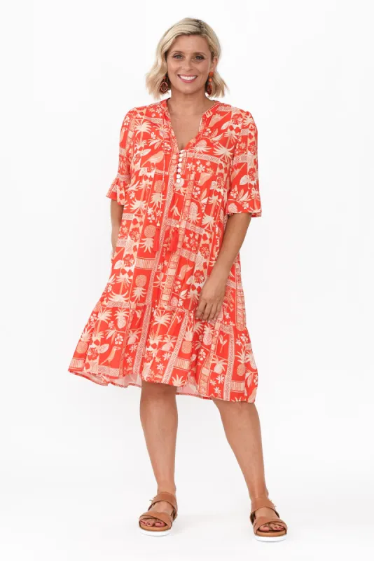 Zorita Red Tropical Frill Sleeve Dress sold by Blue Bungalow