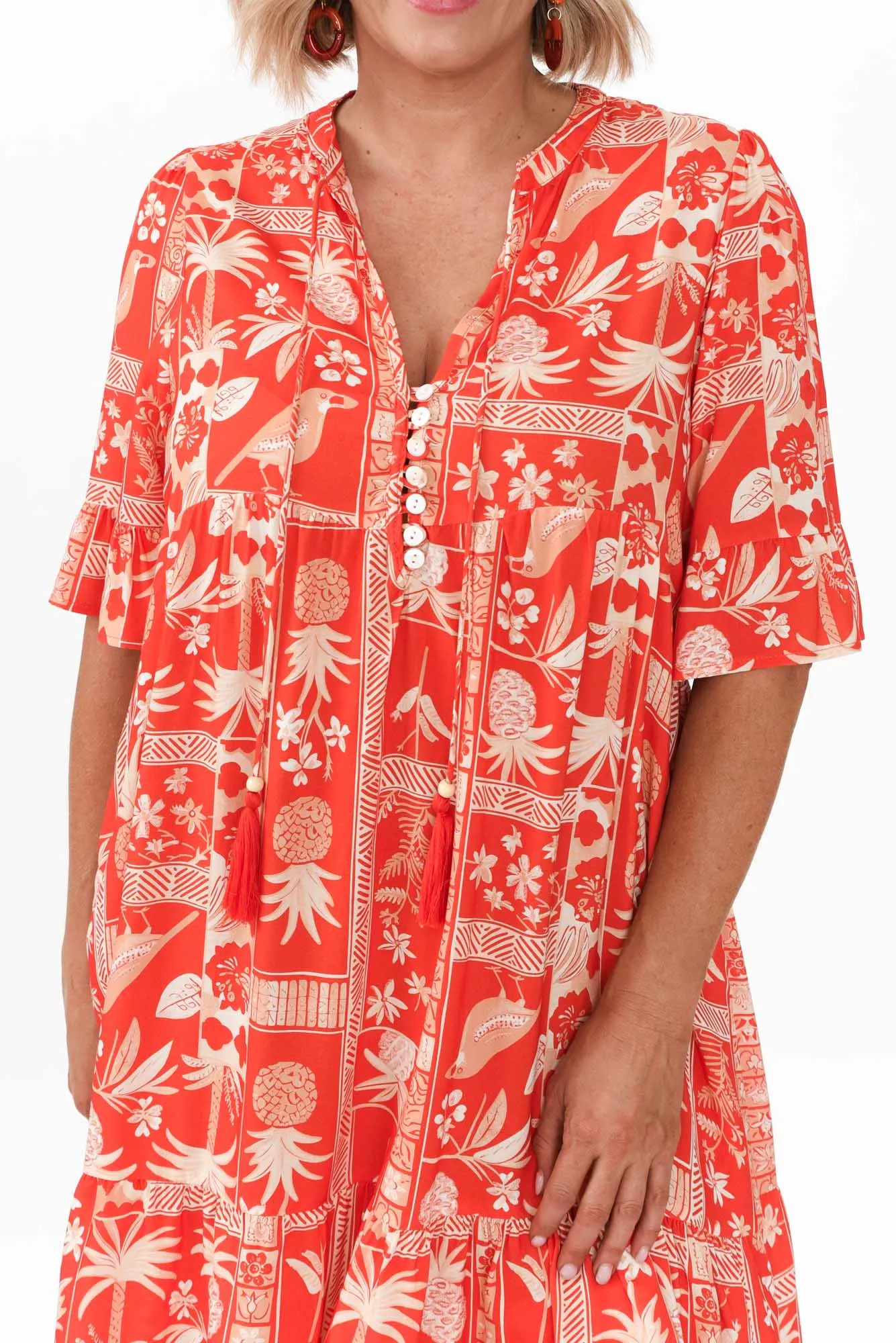 Zorita Red Tropical Frill Sleeve Dress sold by Blue Bungalow product image thumbnail 5