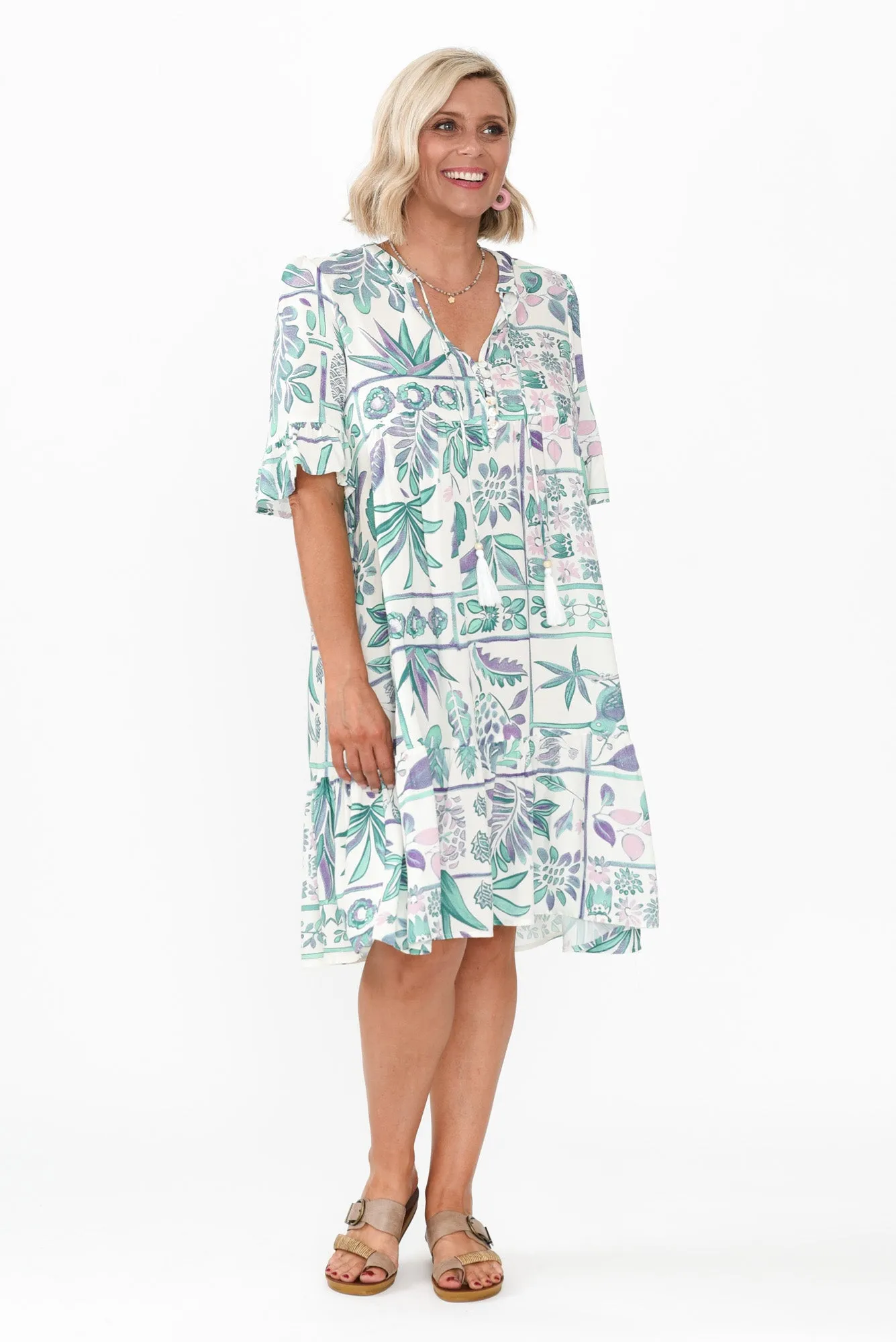 Zorita White Tropical Frill Sleeve Dress sold by Blue Bungalow
