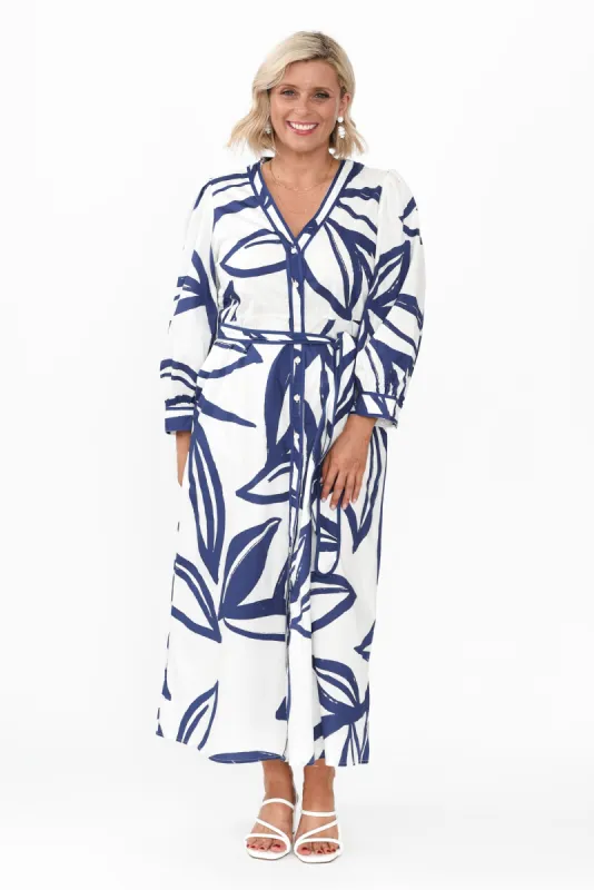 Priya Navy Floral Cotton Poplin Dress sold by Blue Bungalow