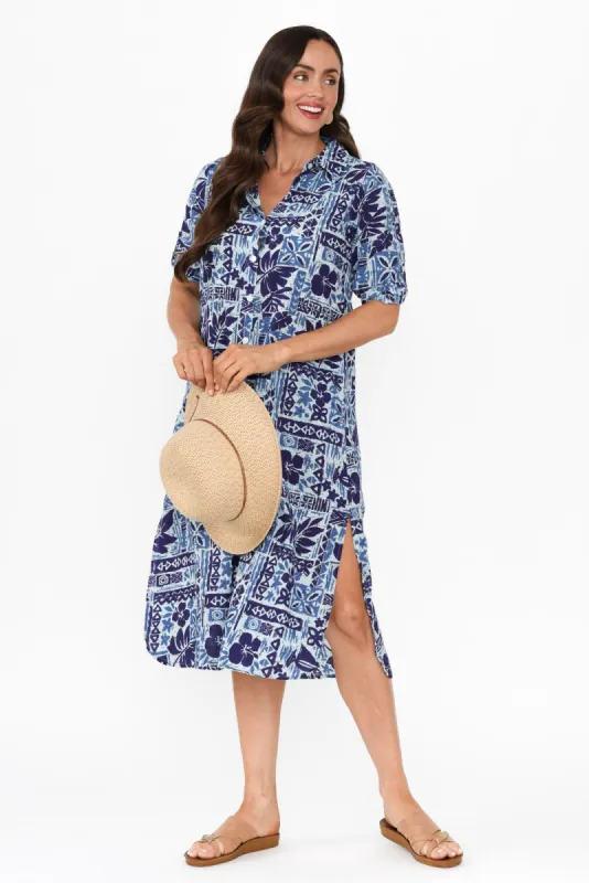 Tricia Blue Mosaic Cotton Shirt Dress sold by Blue Bungalow