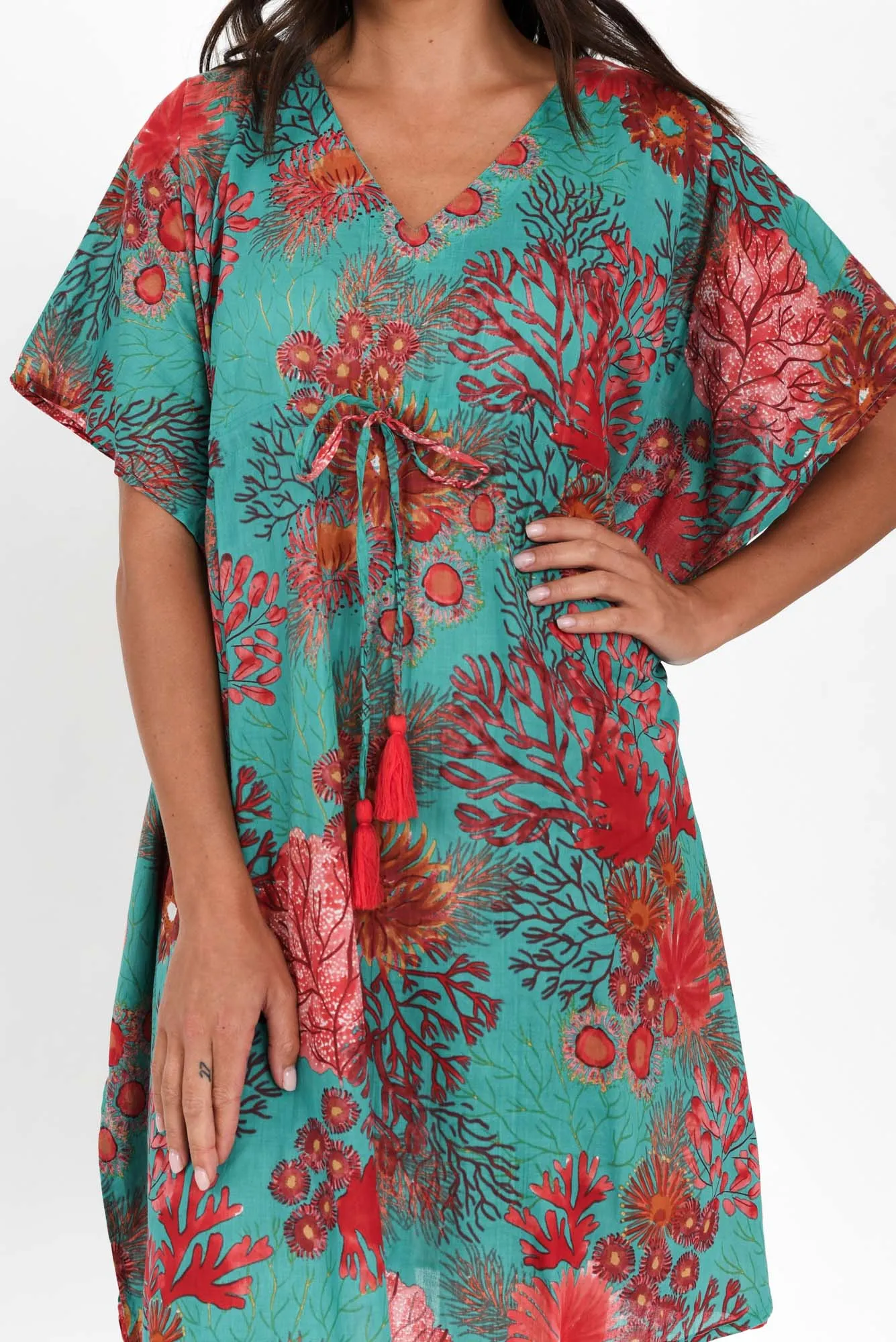 Isabel Turquoise Sea Cotton Kaftan sold by Blue Bungalow product image thumbnail 5