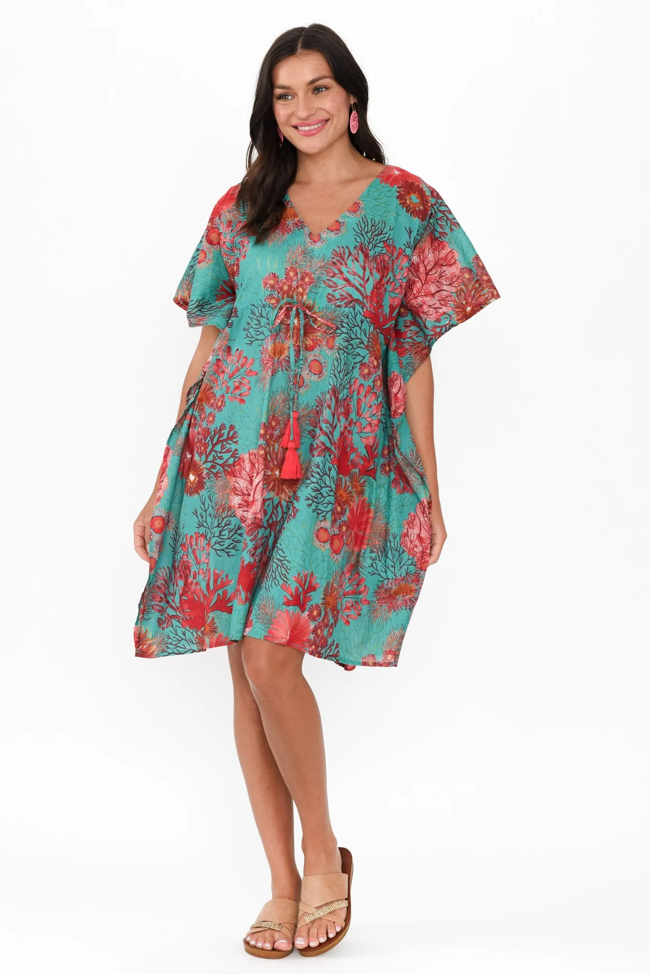 Isabel Turquoise Sea Cotton Kaftan sold by Blue Bungalow
