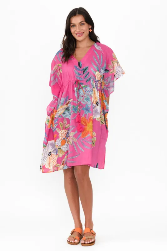 Isabel Pink Bird Cotton Kaftan sold by Blue Bungalow