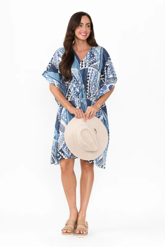 Isabel Blue Motif Cotton Kaftan sold by Blue Bungalow