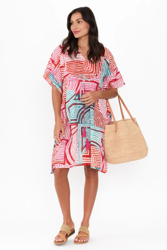 Isabel Pink Geo Cotton Kaftan sold by Blue Bungalow