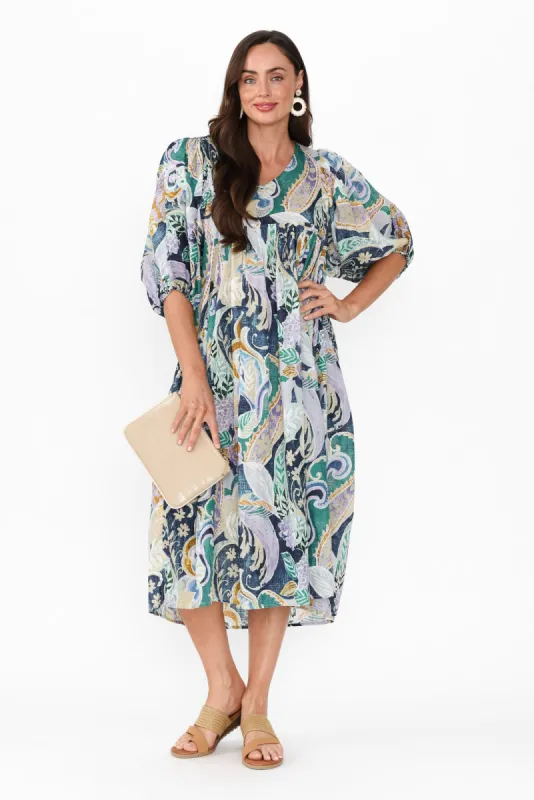 Amalia Blue Paisley Cotton Dress sold by Blue Bungalow