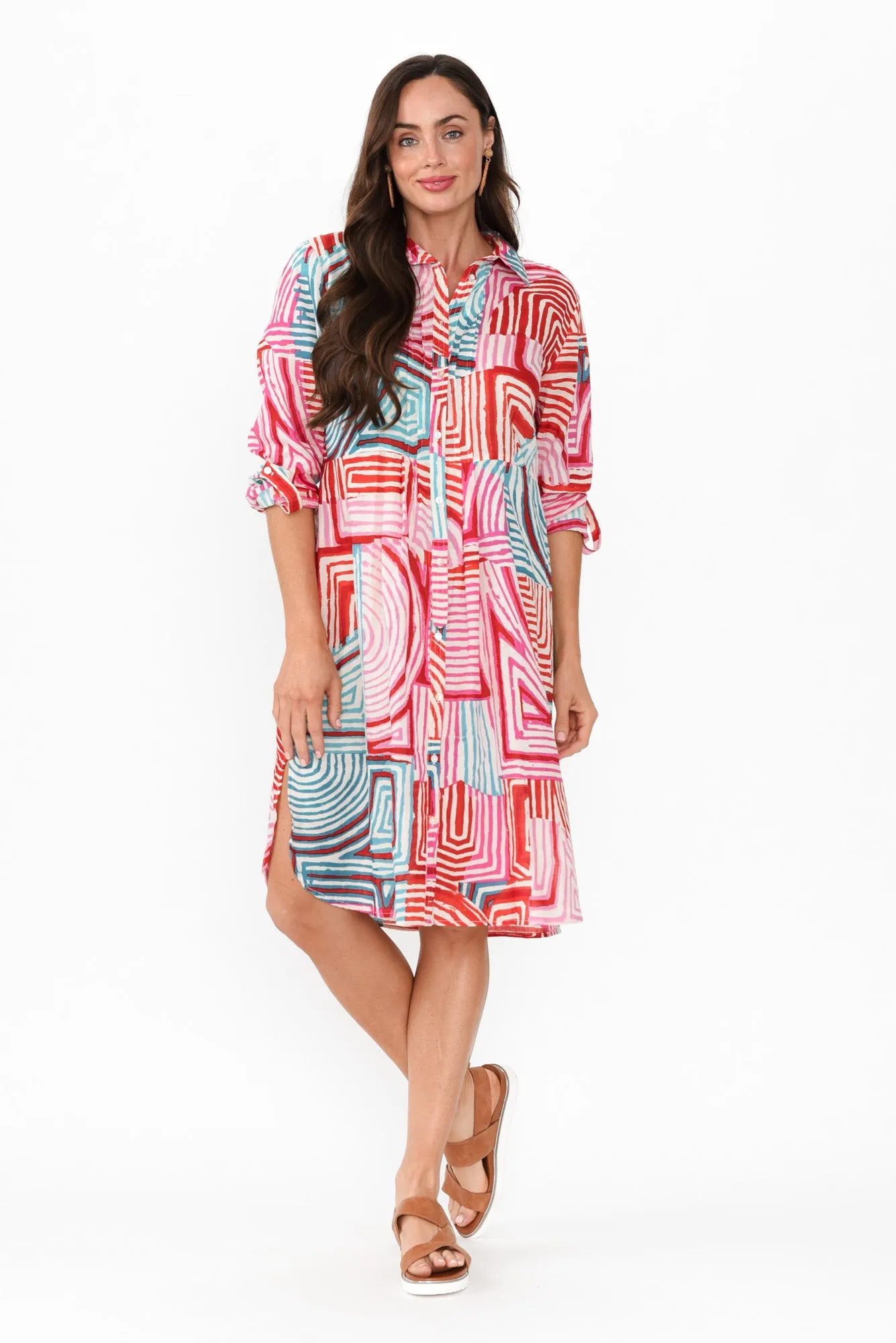 Maya Pink Geo Cotton Shirt Dress sold by Blue Bungalow product image thumbnail 2