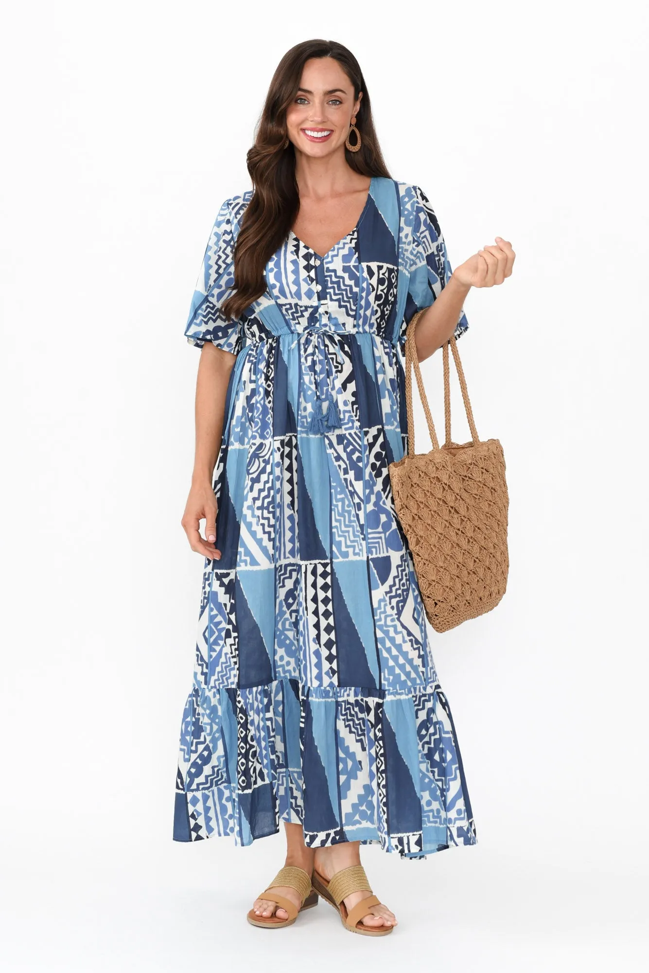 Bella Blue Motif Cotton Tier Dress sold by Blue Bungalow