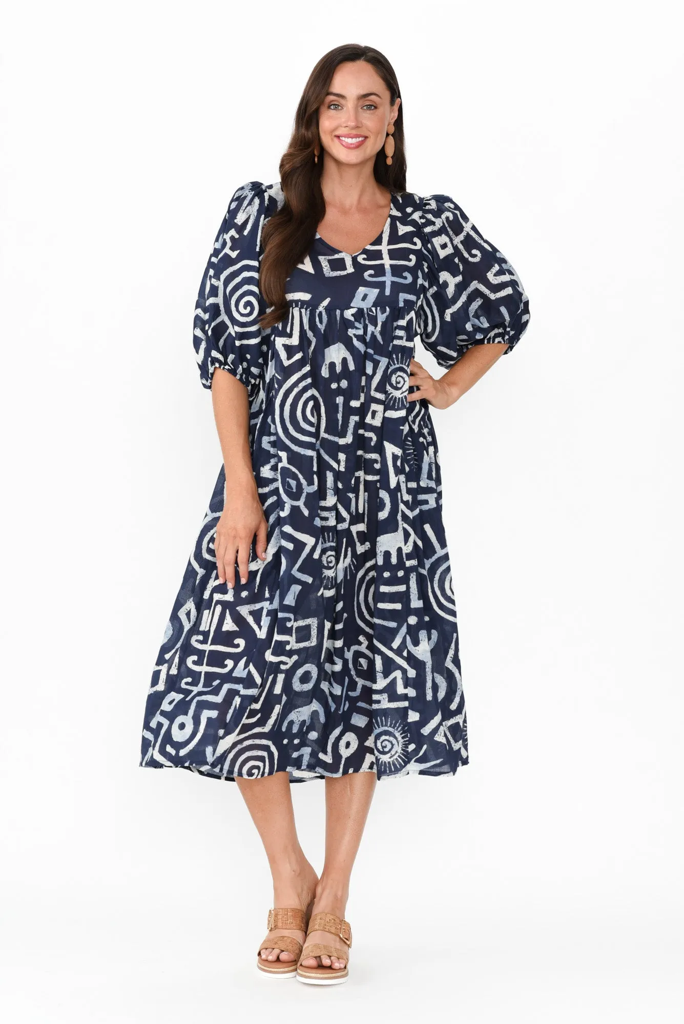 Amalia Blue Geo Cotton Dress sold by Blue Bungalow