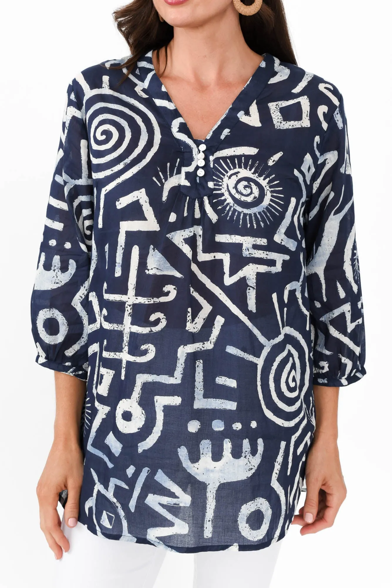 Clara Blue Geo Cotton Button Top sold by Blue Bungalow product image thumbnail 5