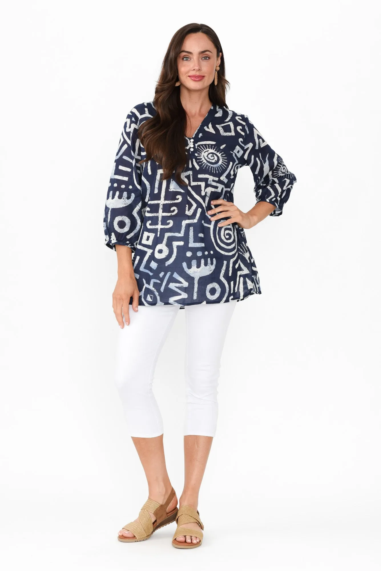 Clara Blue Geo Cotton Button Top sold by Blue Bungalow product image thumbnail 2