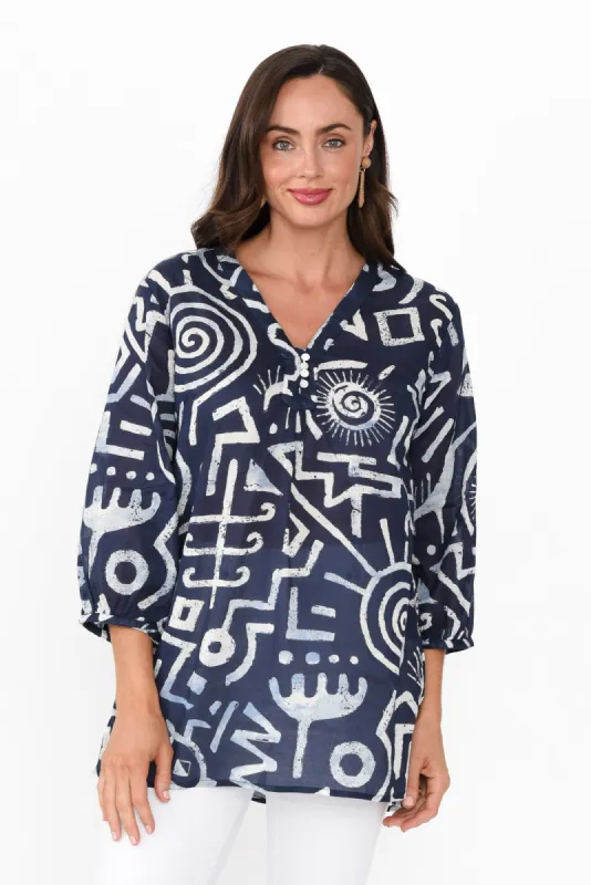 Clara Blue Geo Cotton Button Top sold by Blue Bungalow