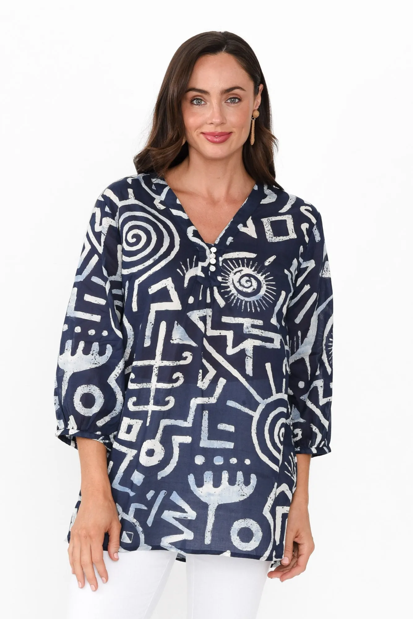 Clara Blue Geo Cotton Button Top sold by Blue Bungalow