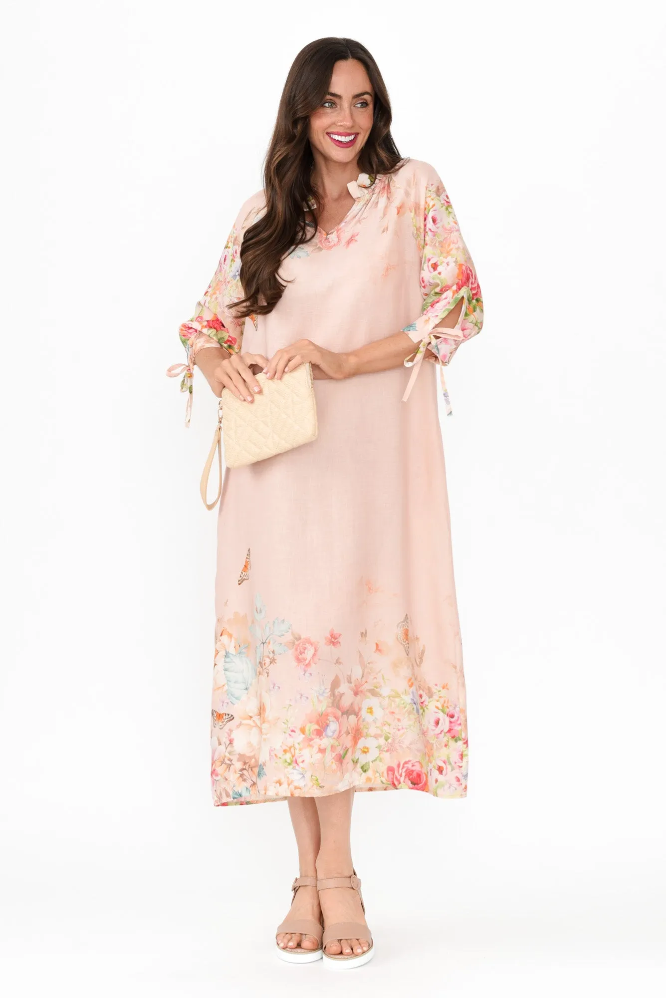Mariel Pink Floral Linen Blend Dress sold by Blue Bungalow