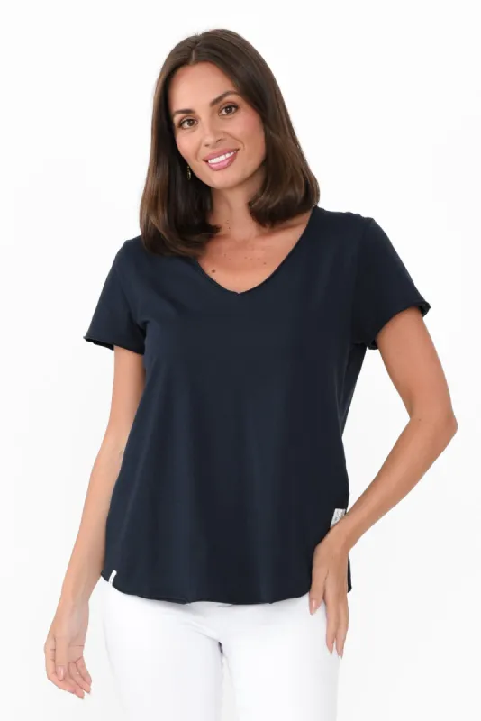 Maggie Navy Cotton Vee Tee sold by Blue Bungalow