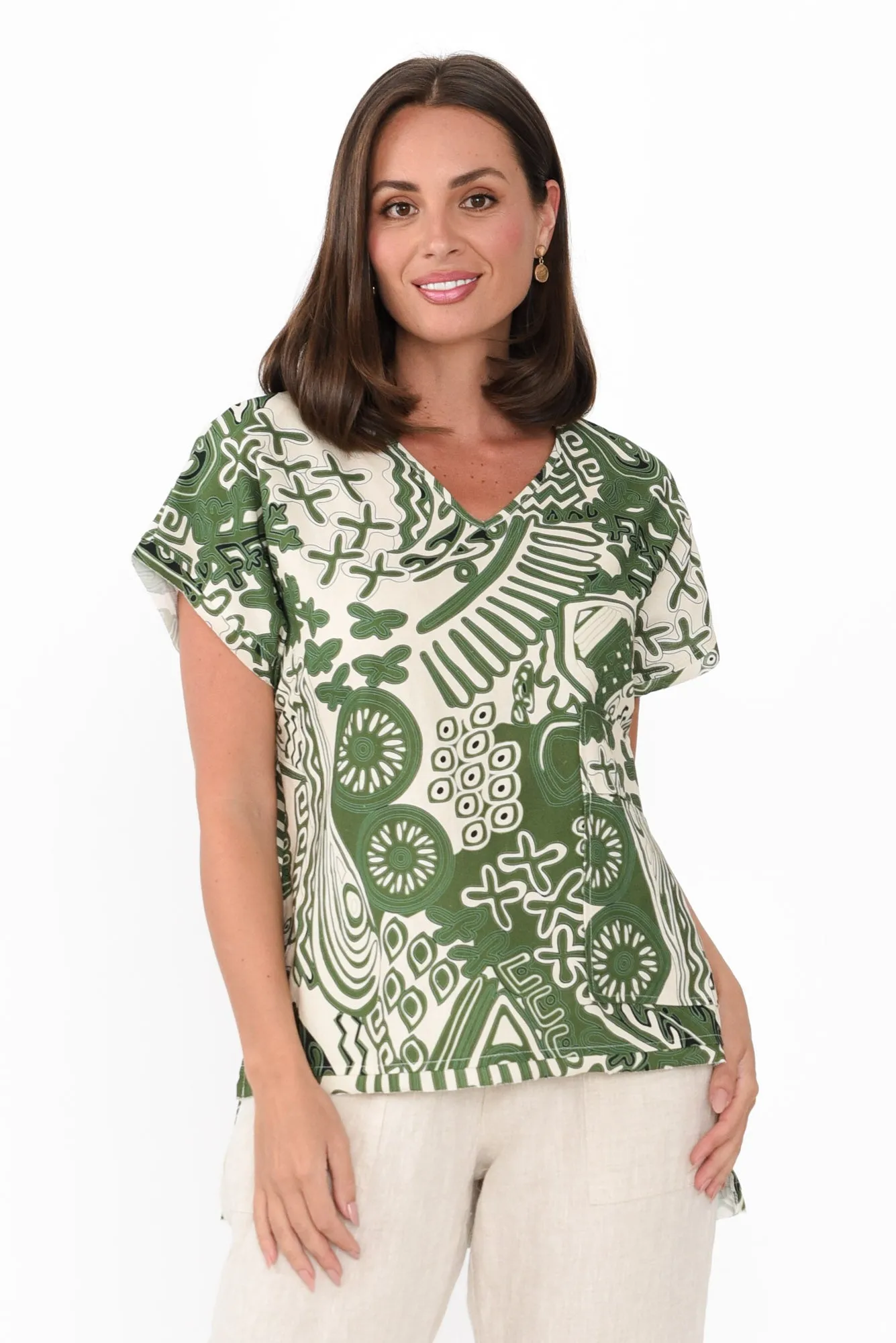 Terassa Green Abstract Linen Blend Top sold by Blue Bungalow