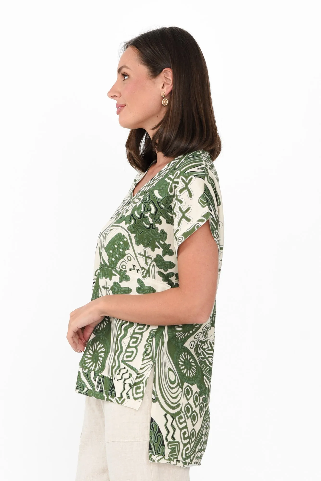 Terassa Green Abstract Linen Blend Top sold by Blue Bungalow product image thumbnail 3