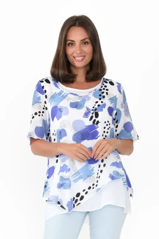 Nias Blue Abstract Cotton Linen Top sold by Blue Bungalow