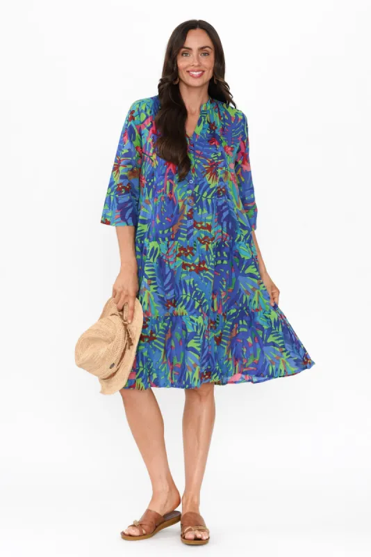 Larissa Blue Leaf Cotton Pleated Dress sold by Blue Bungalow