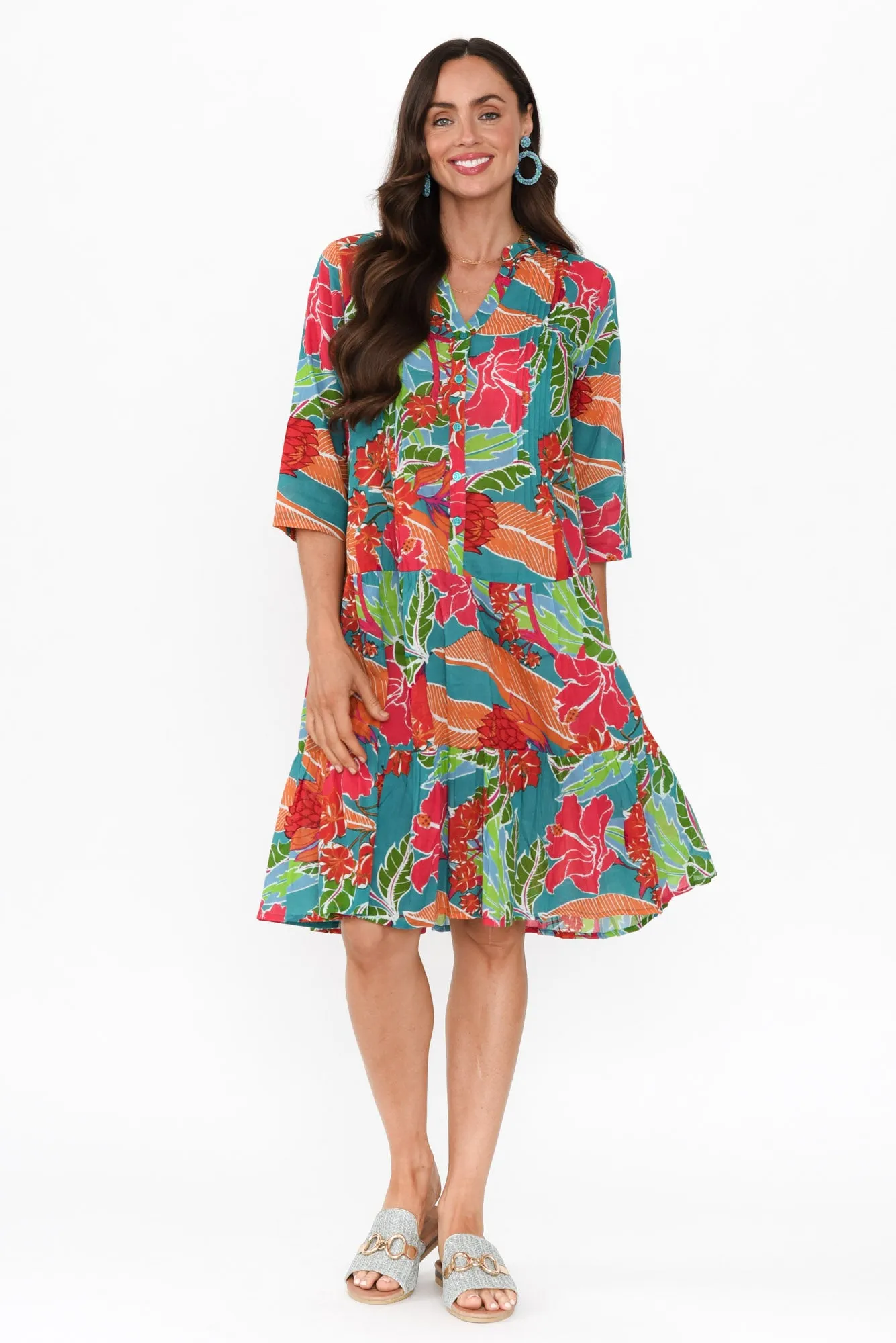 Larissa Emerald Tropical Cotton Pleated Dress sold by Blue Bungalow