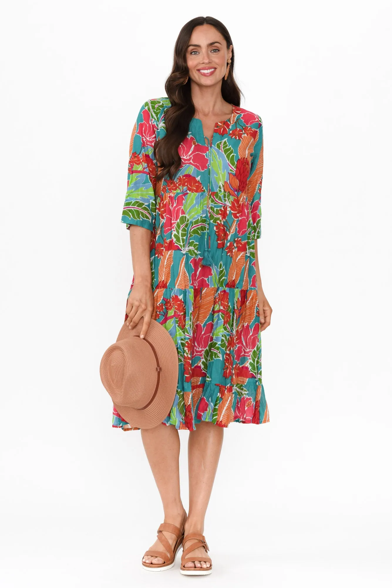 Milana Emerald Tropical Crinkle Cotton Dress sold by Blue Bungalow