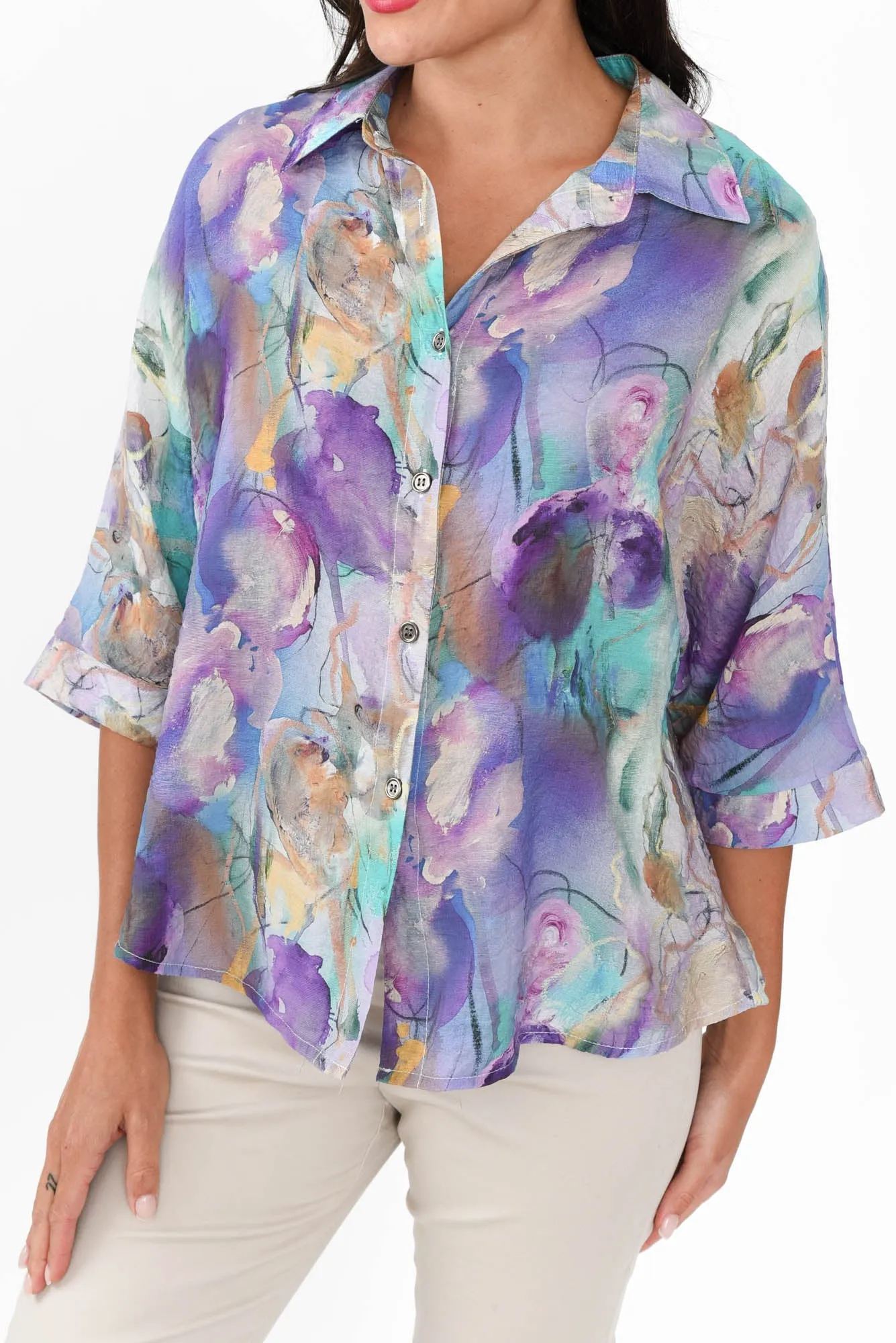 Specta Purple Abstract Cotton Linen Shirt sold by Blue Bungalow product image thumbnail 5